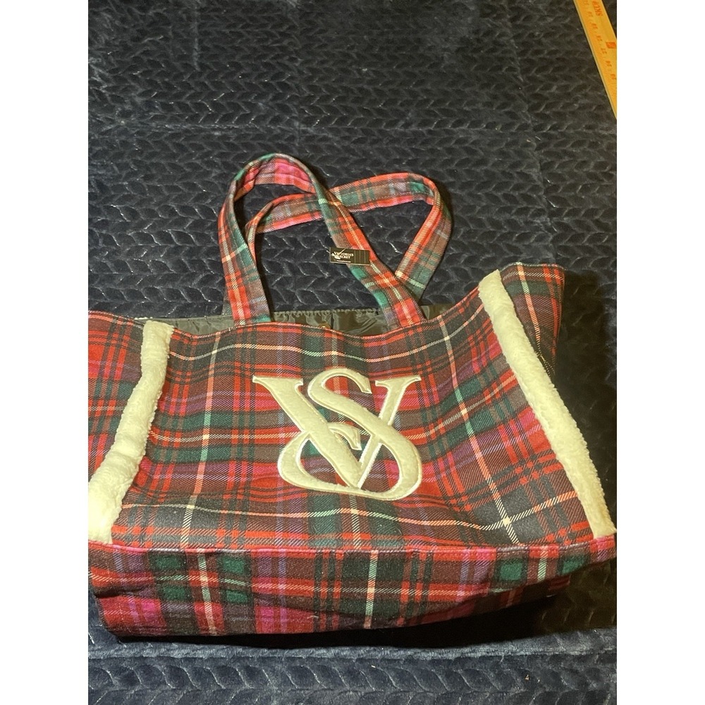 Victoria's Secret  Large Plaid Holiday Tote Bag Red Green Christmas Sherpa